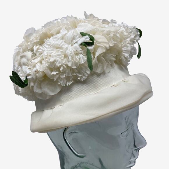 Vintage 1960s White Floral Cloche Hat Double Fabric Brim Retro Mid Century Style - Picture 3 of 7
